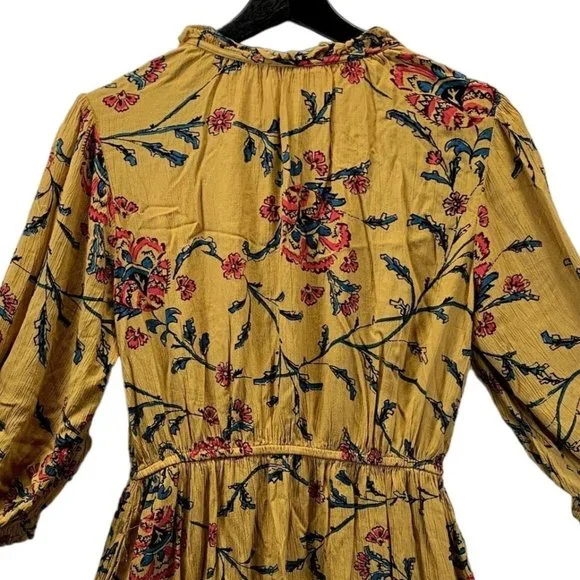 Knox Rose Dress Womens Small Golden Yellow Floral Folkloric A Line 3/4 Sleeves - Picture 11 of 13